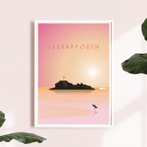 Perranporth Beach Print featuring a sunset over chapel rock.