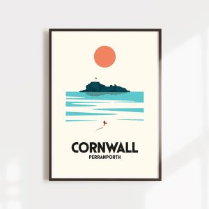 A retro surf print of Perranporth beach in Cornwall