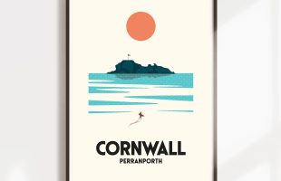 A retro surf print of Perranporth beach in Cornwall
